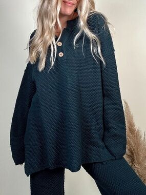 BUCKETLIST Cozy Textured Knit Henley Top and pants SWEATER SET NEW! Dark Teal